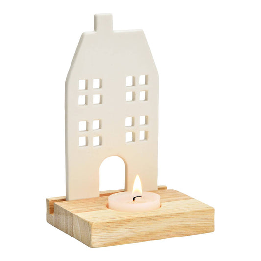 Photophore maison en porcelaine/bois, blanc (L/H/P) 10x15x8cm