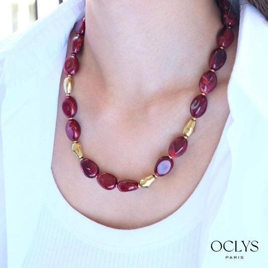 Collier perles résines acier inoxydable doré Gina: Rouge