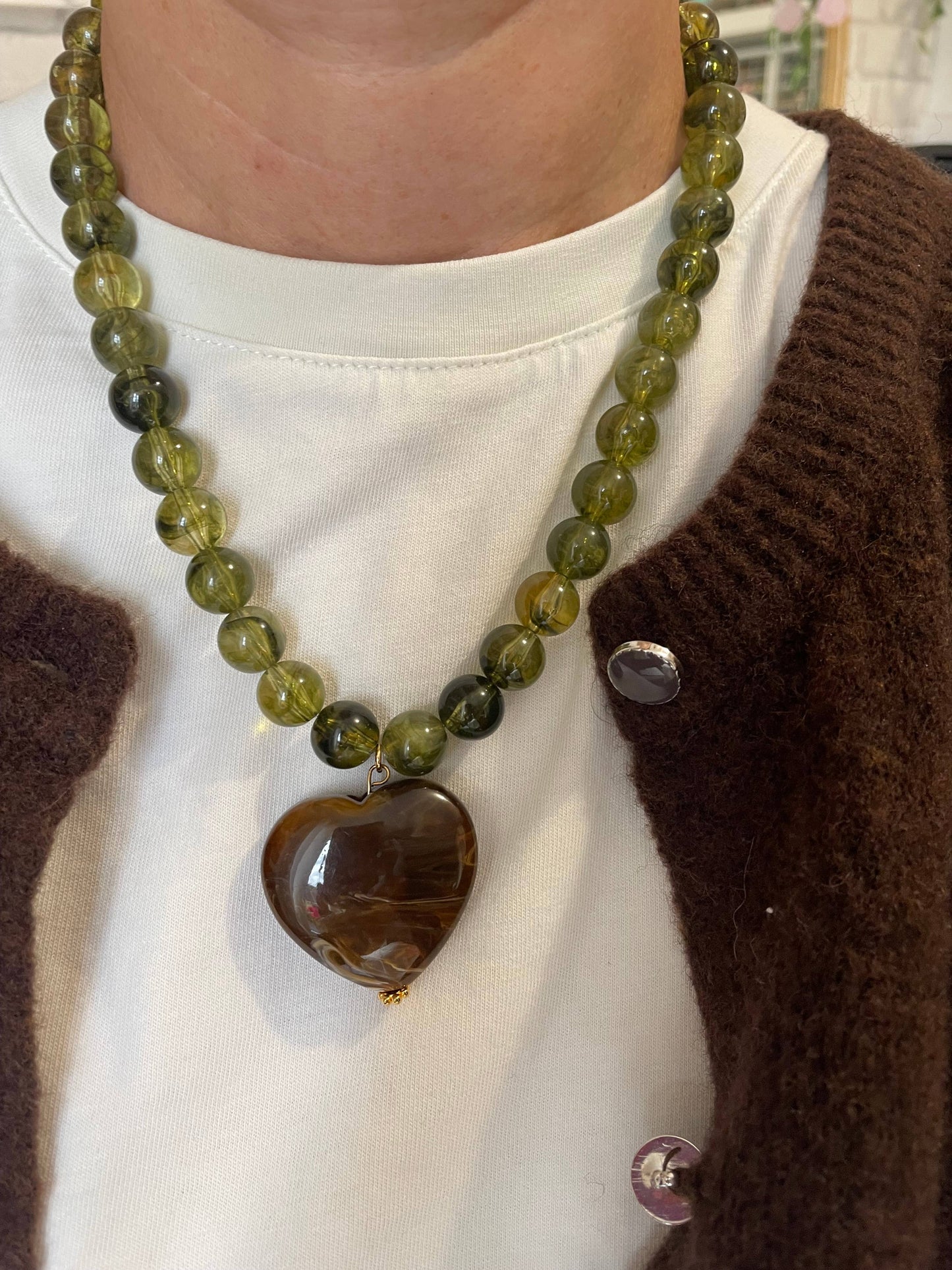 JEANNE: Perles ambre/coeur ambre