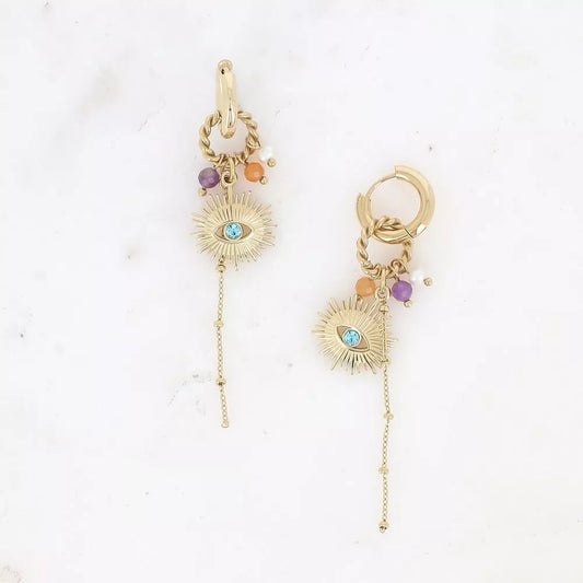 Créoles Alexine - pierres naturelles, pendentif oeil avec cristal taillé