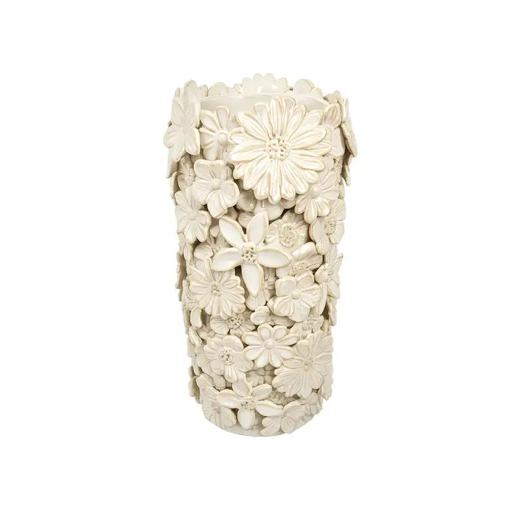 VASE FLORAL BLANC EN CÉRAMIQUE RELIEF FLEURS – H31 CM