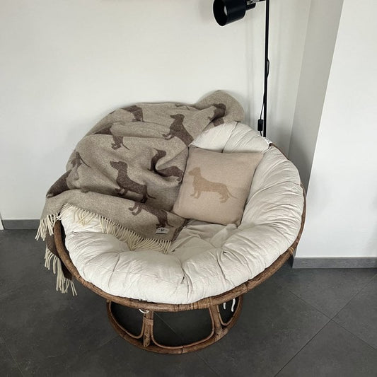 Teckel Plaid / couverture 100% vierge en laine/ Marron et Beige