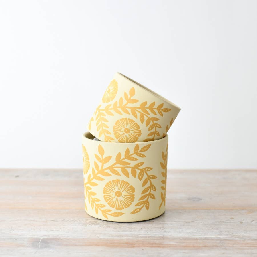 Cache-pot Fleur et Feuille Jaune, 13,5 cm