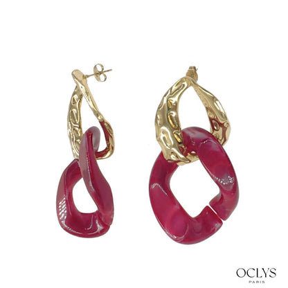 Boucles d'oreilles chaine résine acier inoxydable doré : Rouge