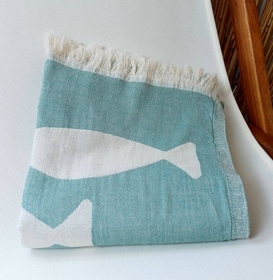 Fouta Poissons Vert céladon Jacquard 100% coton