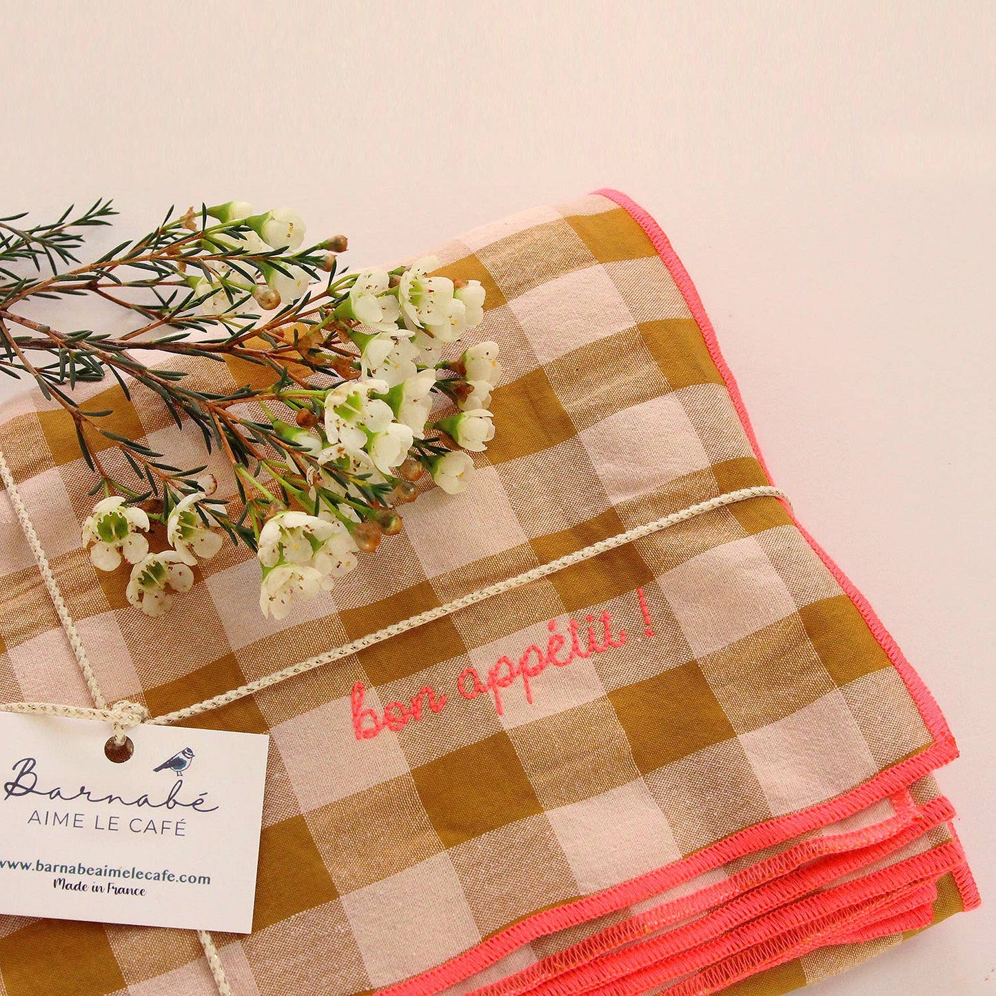 Nappe brodée vichy à carreaux rectangulaire: Argile maison bonheur