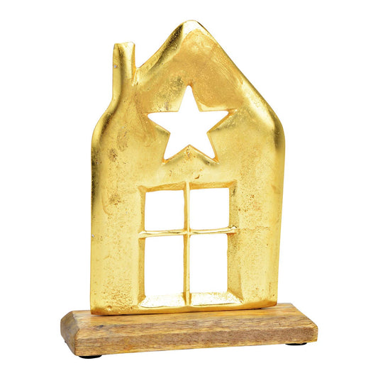 Présentoir maison sur socle en bois de manguier métal argenté (L/H/P) 15x19x5cm