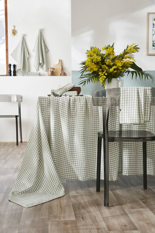 NAPPE 150 x 250 cm VICKIE Eucalyptus: Double gaze de coton - 125 gr/m² / OEKO TEX - BSCI - TRAITEMENT DES EAUX USÉES / 100% Coton