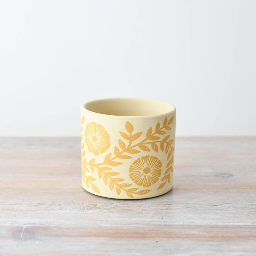 Cache-pot Fleur et Feuille Jaune, 13,5 cm