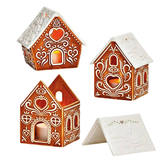 Maison en porcelaine en forme de bougie chauffe-plat LED pain d'épices, 2 pièces, marron/blanc (L/H/P) 8x9x6cm