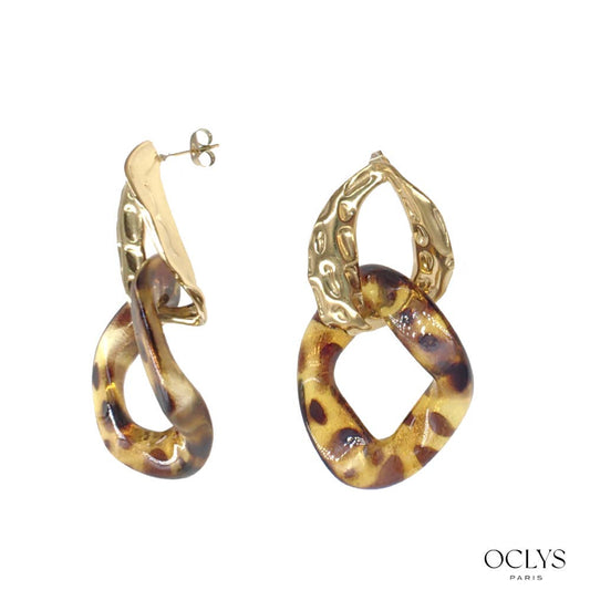 Boucles d'oreilles chaine résine acier inoxydable doré : Léopard