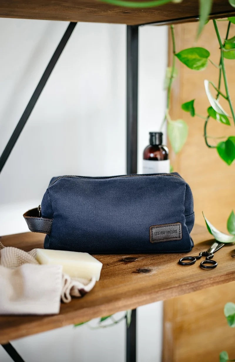 Trousse de toilette en toile et cuir - Bleu