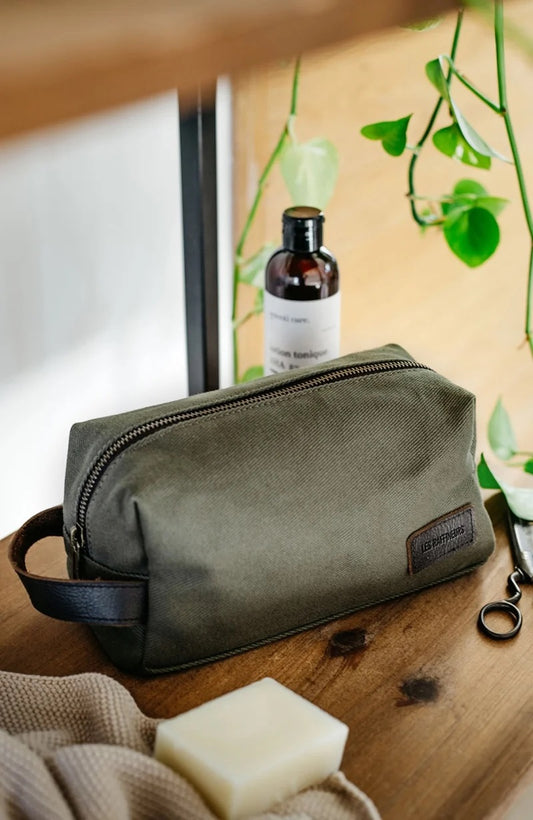 Trousse de toilette en toile et cuir - Vert