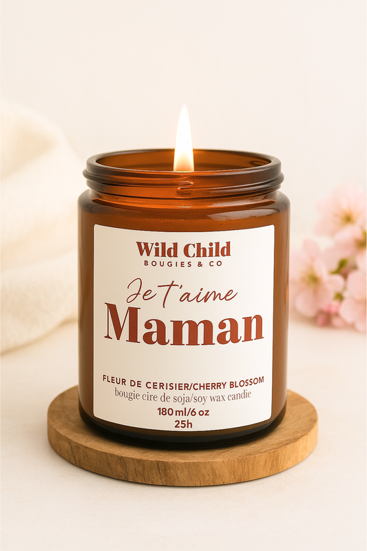 "Je t'aime maman" Bougie cire de soja et parfum au choix 25h: Fleur de Cerisier