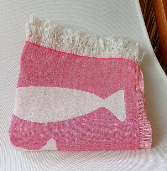 Fouta Poissons Framboise Jacquard 100% coton