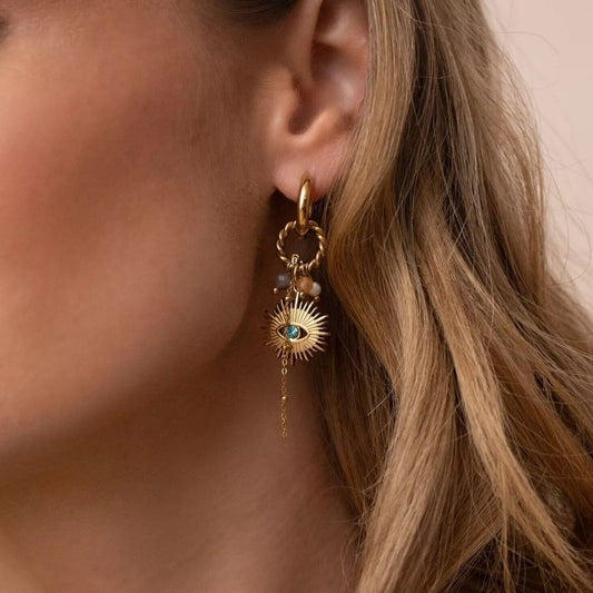 Créoles Alexine - pierres naturelles, pendentif oeil avec cristal taillé