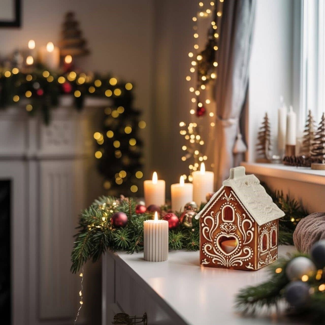 Maison en porcelaine en forme de bougie chauffe-plat LED pain d'épices, 2 pièces, marron/blanc (L/H/P) 8x9x6cm