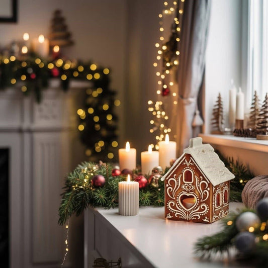 Maison en porcelaine en forme de bougie chauffe-plat LED pain d'épices, 2 pièces, marron/blanc (L/H/P) 8x9x6cm