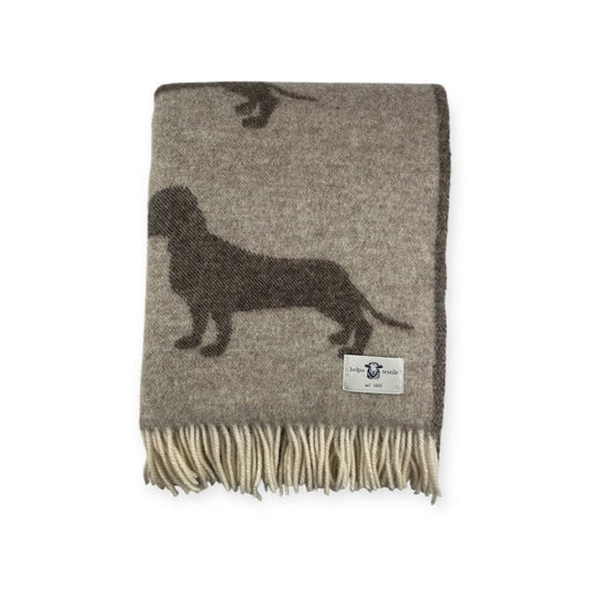 Teckel Plaid / couverture 100% vierge en laine/ Marron et Beige