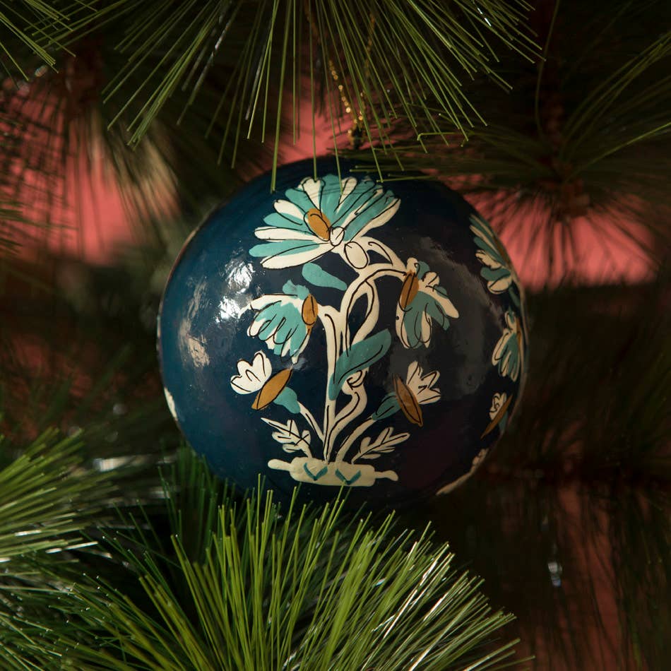 Ensemble de 4 boules de Noël en papier mâché peintes à la main bleu et marron