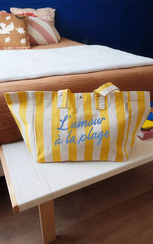 Grand cabas rayé jaune et natural - L'amour à la plage bleu