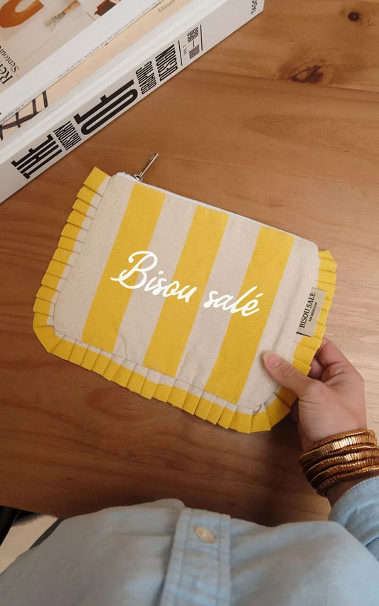 Pochette à volant rayée jaune et natural - Bisou salé blanc
