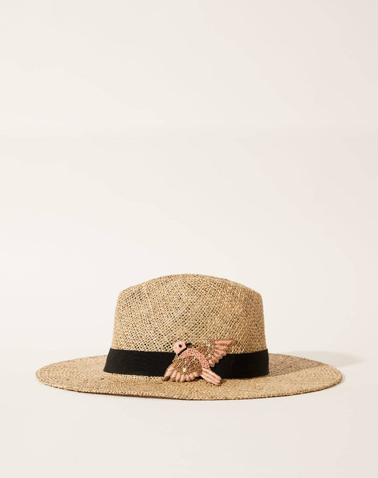 CHAPEAU PAILLE BRODÉ OISEAU ROSE BORDS LARGES SOMBRERO: M