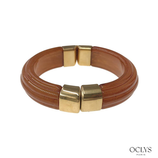 Bracelet manchette ouvert résine acier inoxydable doré Sara: Marron