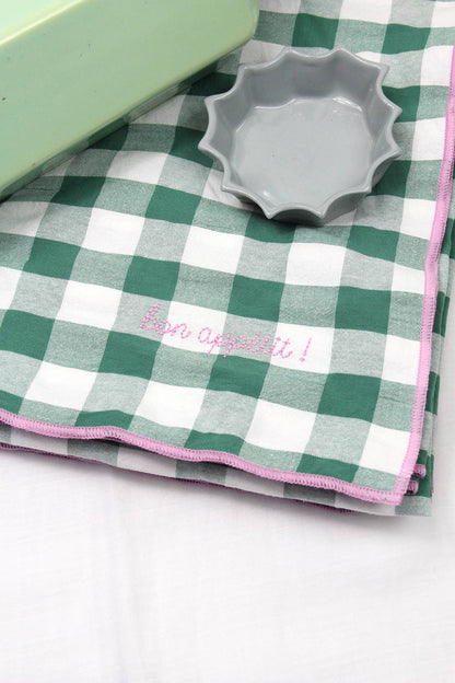Nappe brodée vichy à carreaux rectangulaire: Argile maison bonheur