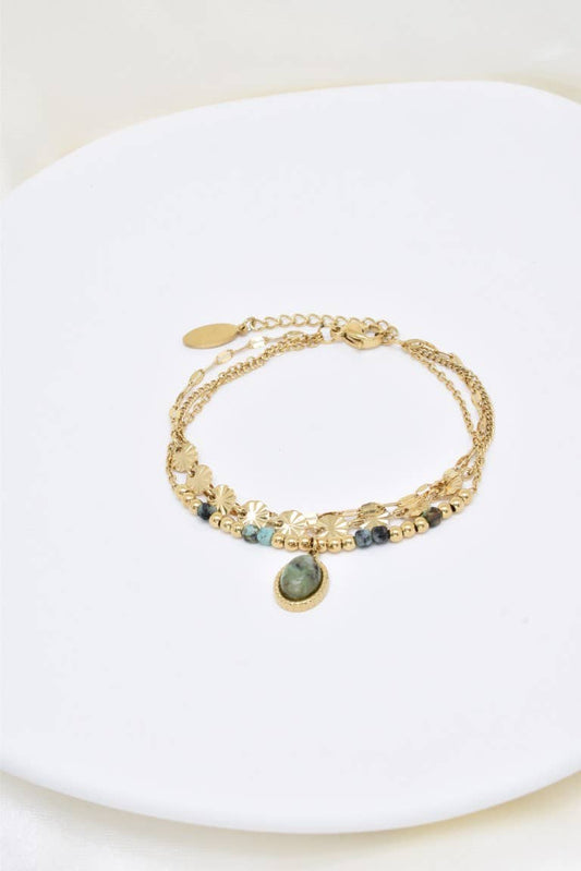 Bracelet trois rangs en acier inoxydable - BR210216OR: Turquoise africaine