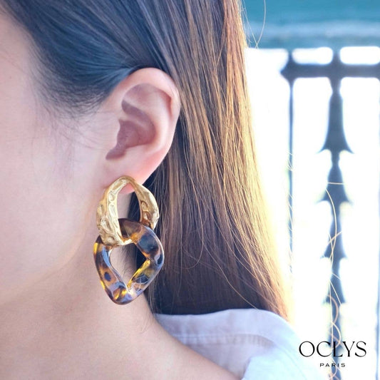 Boucles d'oreilles chaine résine acier inoxydable doré : Rouge