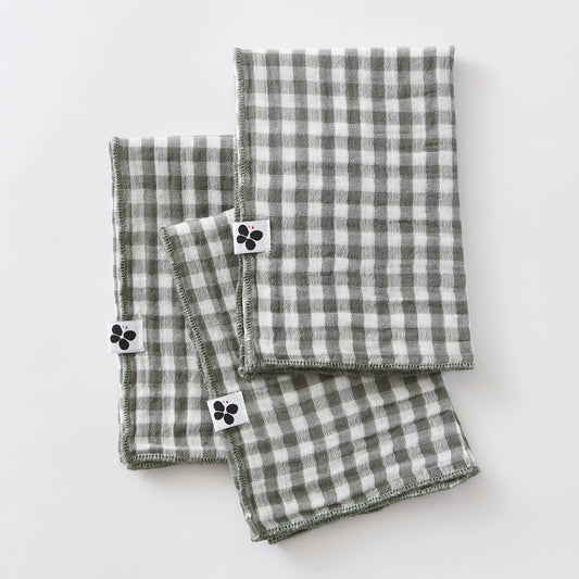 3 SERVIETTES 40 x 40 cm VICKIE Romarin: Double gaze de coton - 125 gr/m² / OEKO TEX - BSCI - TRAITEMENT DES EAUX USÉES / 100% Coton