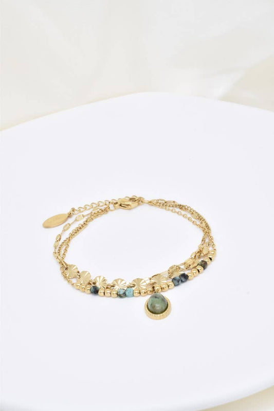 Bracelet trois rangs en acier inoxydable - BR210216OR: Turquoise africaine