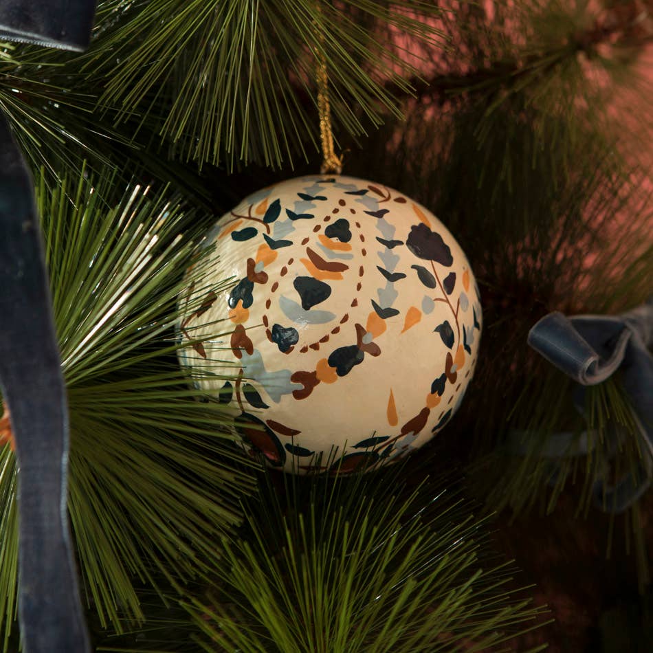 Ensemble de 4 boules de Noël en papier mâché peintes à la main bleu et marron