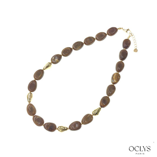 Collier perles résines acier inoxydable doré Gina: Marron