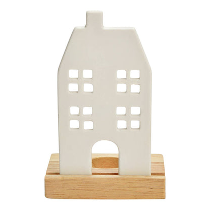 Photophore maison en porcelaine/bois, blanc (L/H/P) 10x15x8cm