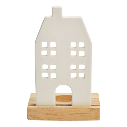 Photophore maison en porcelaine/bois, blanc (L/H/P) 10x15x8cm