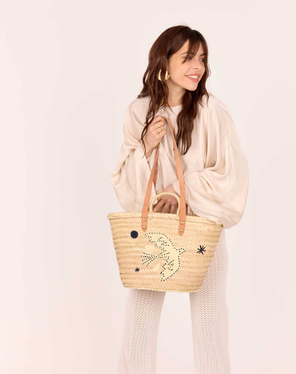 PANIER BRODÉ OISEAU BLEU MARINE PALOMA